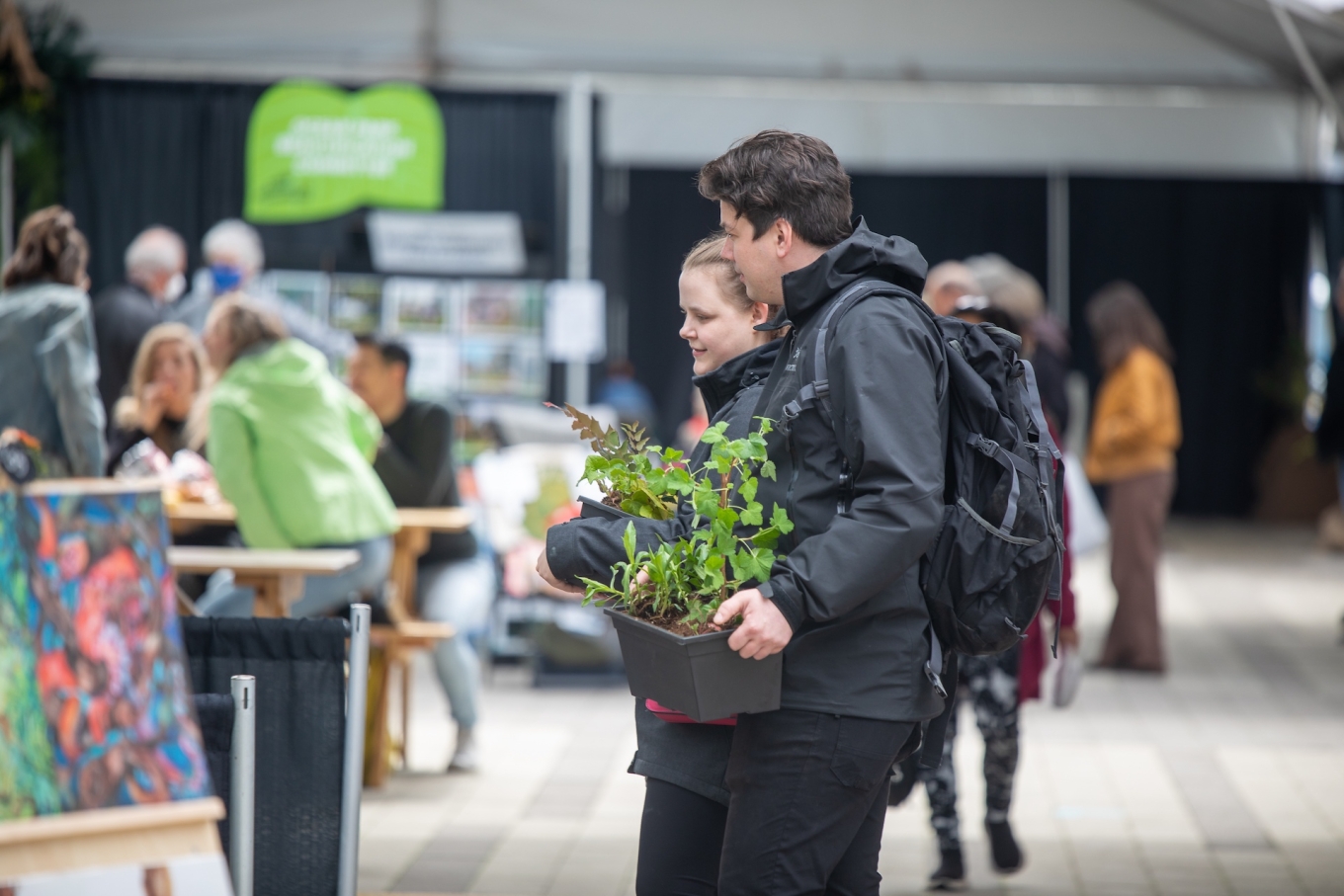 Young couple holding newly bought potted plants explore other items for sale